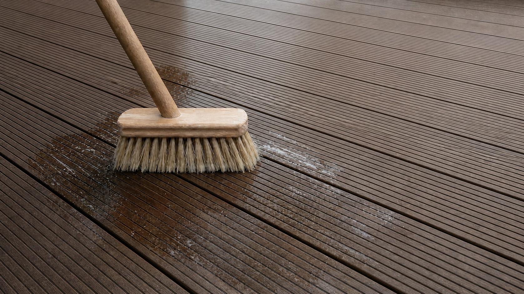 Cleaning a bamboo decking with a brush