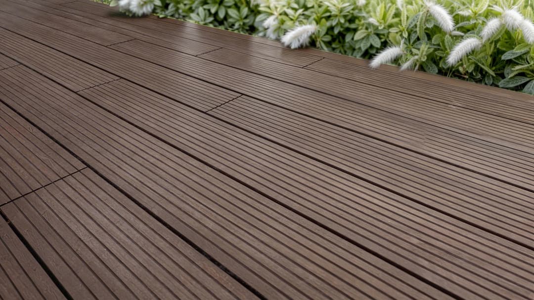 Close-up of ribbed bamboo decking planks