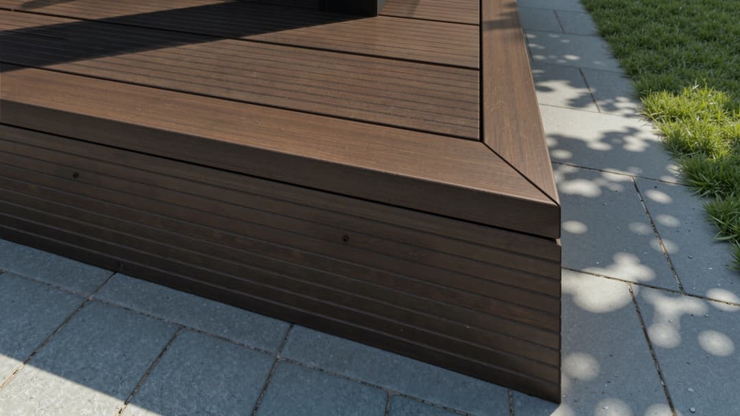 Finish of a raised bamboo decking with skirting board