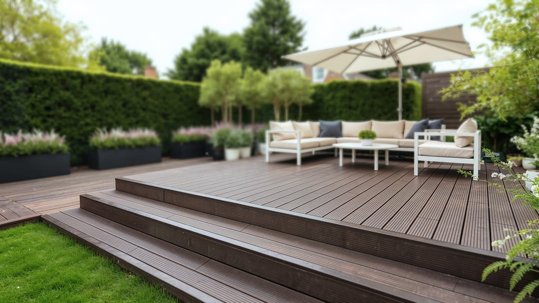 Raised bamboo decking with lounge set in the garden