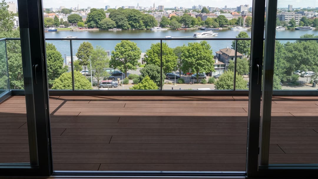 Bamboo decking on a balcony with a view over the water
