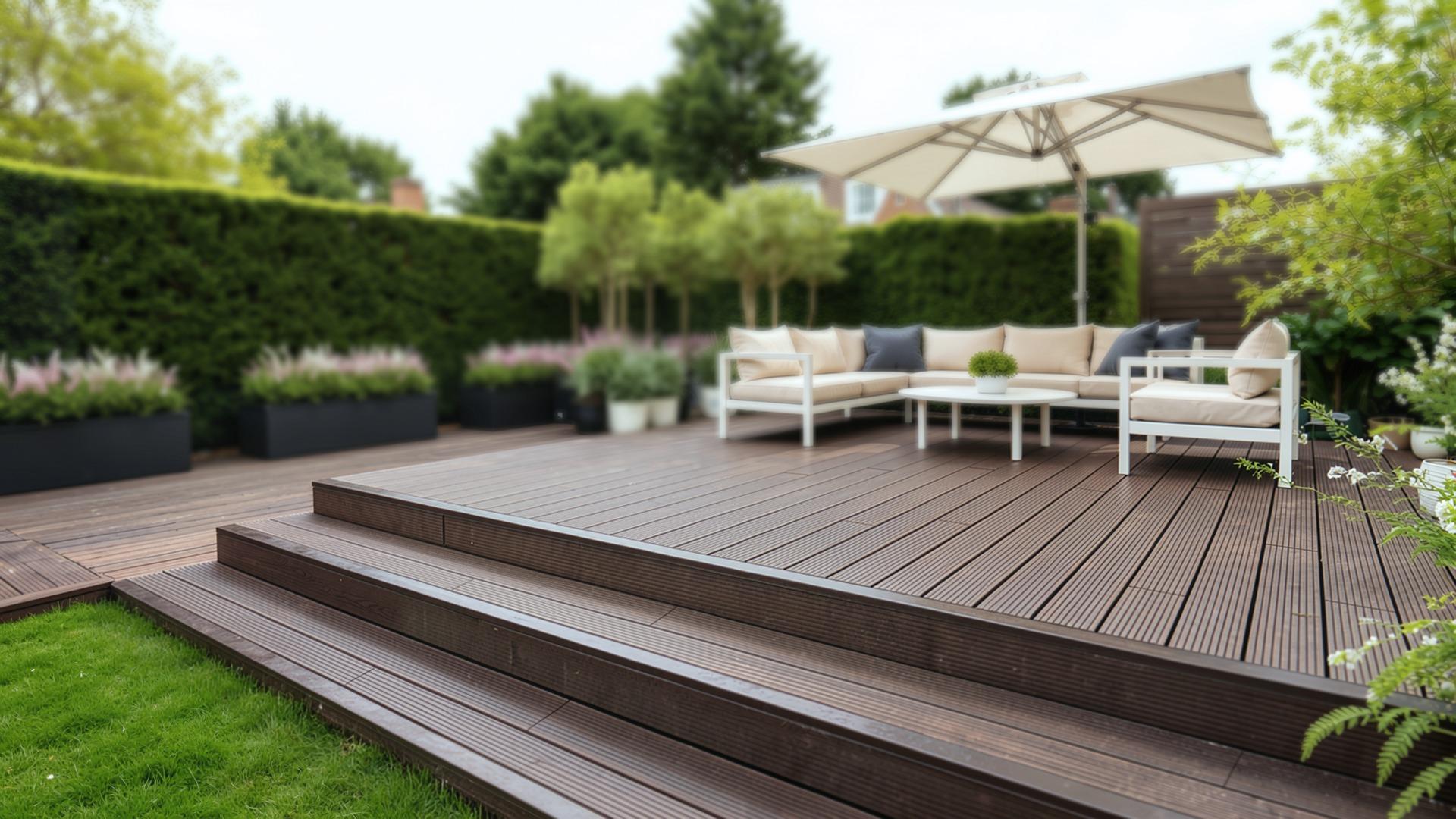 Raised bamboo decking boards in garden with lounge set