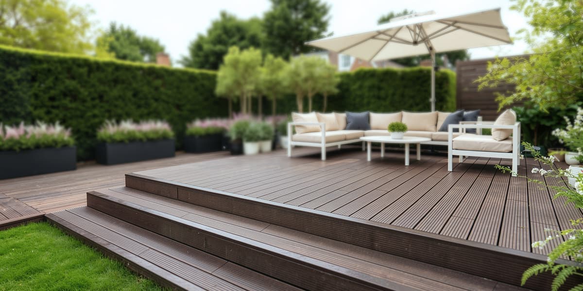 Raised bamboo decking terrace with garden lounge set and parasol