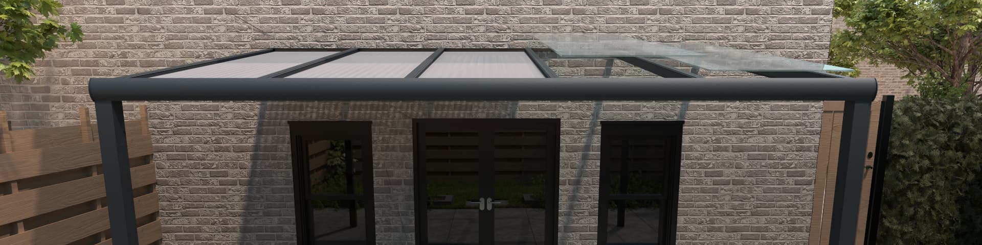 Easily renew your roof Modern Gumax® veranda with transition from polycarbonate to glass roof panels.