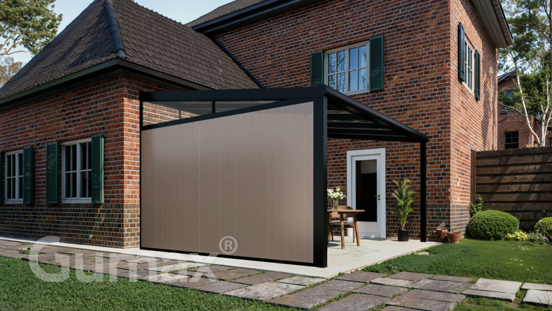 Aluminium sidewall with grey beige panels + glass wedge