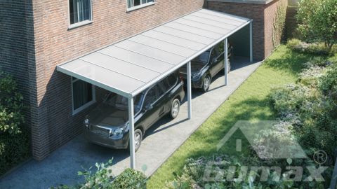 Modern carport in matt white measuring 12.06 x 3 metres with IQ Relax polycarbonate