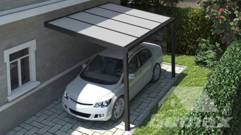 Modern carport in matt black measuring 4.06 x 3 metres with IQ Relax polycarbonate