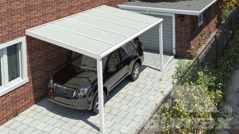 Modern carport in matt white measuring 5.06 x 3 metres with opale polycarbonate