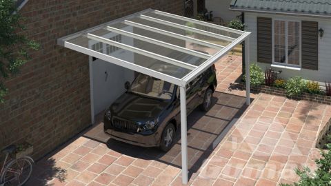 Classic carport in matt white measuring 5.06 x 3.5 metres with clear polycarbonate