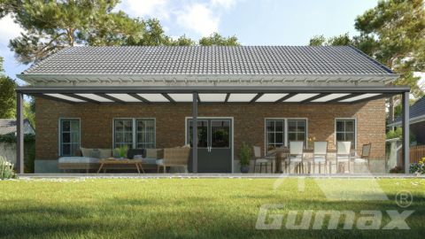 Gumax terrasoverkapping 11.06m  x 2.5m modern antraciet opaal polycarbonaat voor