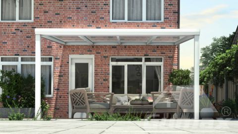 Modern veranda matt white measuring 4,06 x 3,5 metres with clear polycarbonate