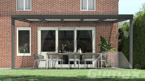 Classic veranda matt anthracite measuring 5,06 x 3,5 metres with clear glass roof