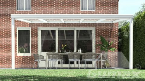 Classic veranda matt white measuring 5,06 x 3,5 metres with clear polycarbonate