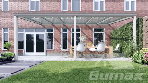 Classic veranda matt white measuring 6,06 x 4 metres with clear glass roof