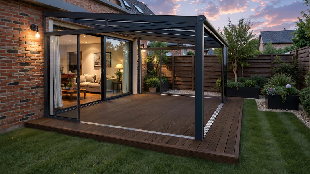 Bamboo decking beneath a patio canopy in a garden