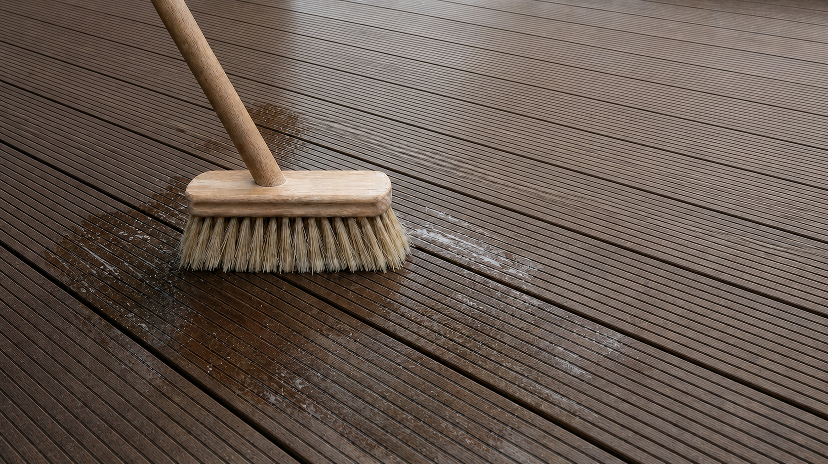 Cleaning bamboo decking with a brush