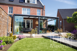 Large aluminium veranda with glass sliding doors and sun shading modern matt anthracite